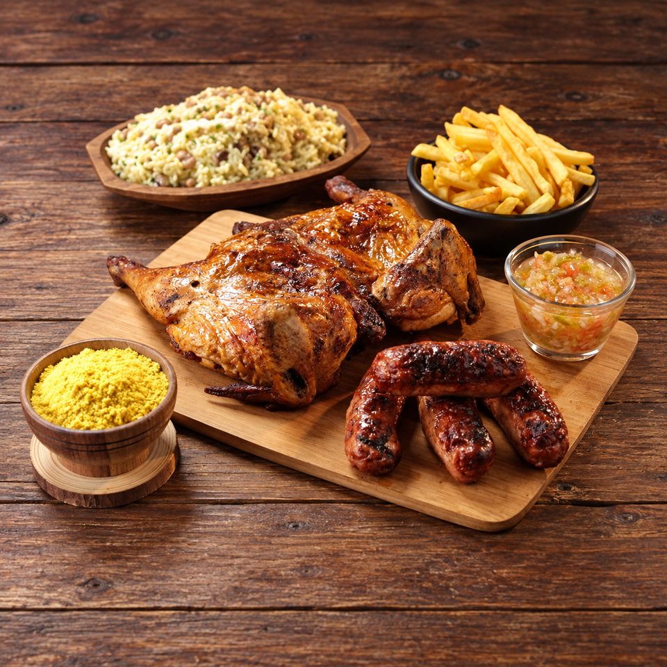 Absurdo: galeto assado na brasa com baião de dois cremoso, quatro linguiças toscanas, batata frita, farofa e vinagrete